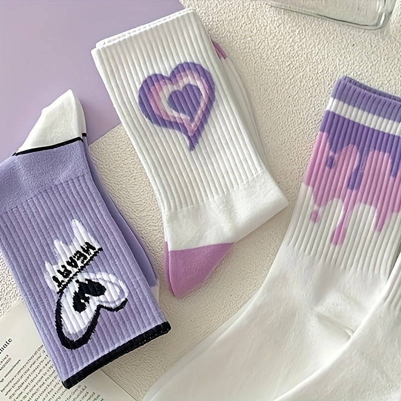 6 Pairs Heart Print Mid Tube Socks Women's Stockings