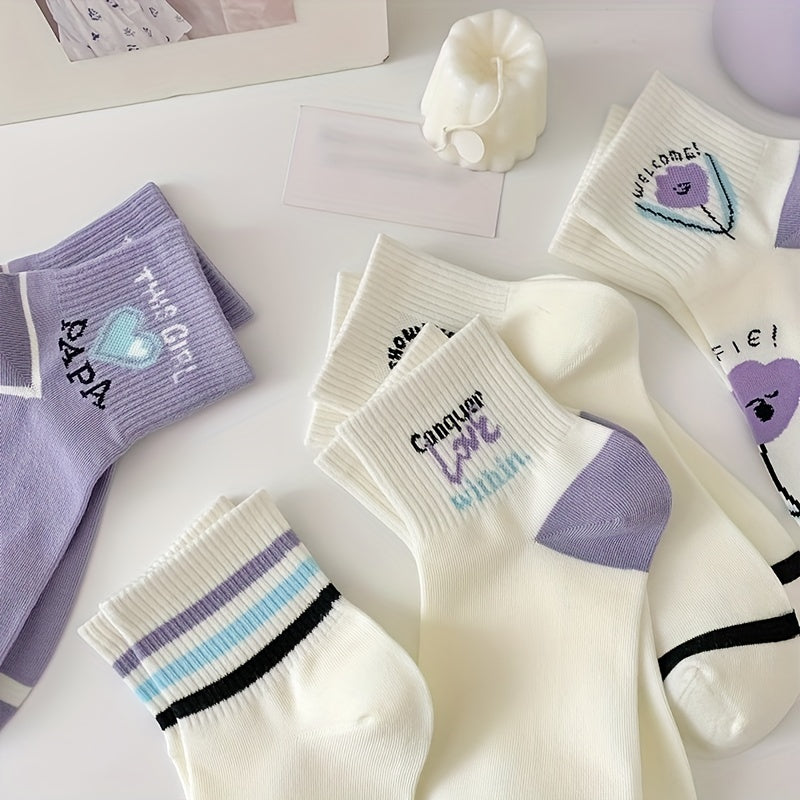 5 Pairs Heart & Floral Print Socks Soft Casual Stockings Women's Hosiery