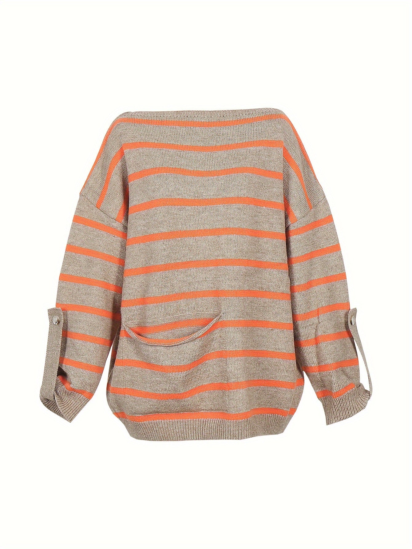  Striped Button Decor Sweater Round Neck Loose Jumper