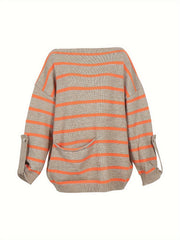  Striped Button Decor Sweater Round Neck Loose Jumper
