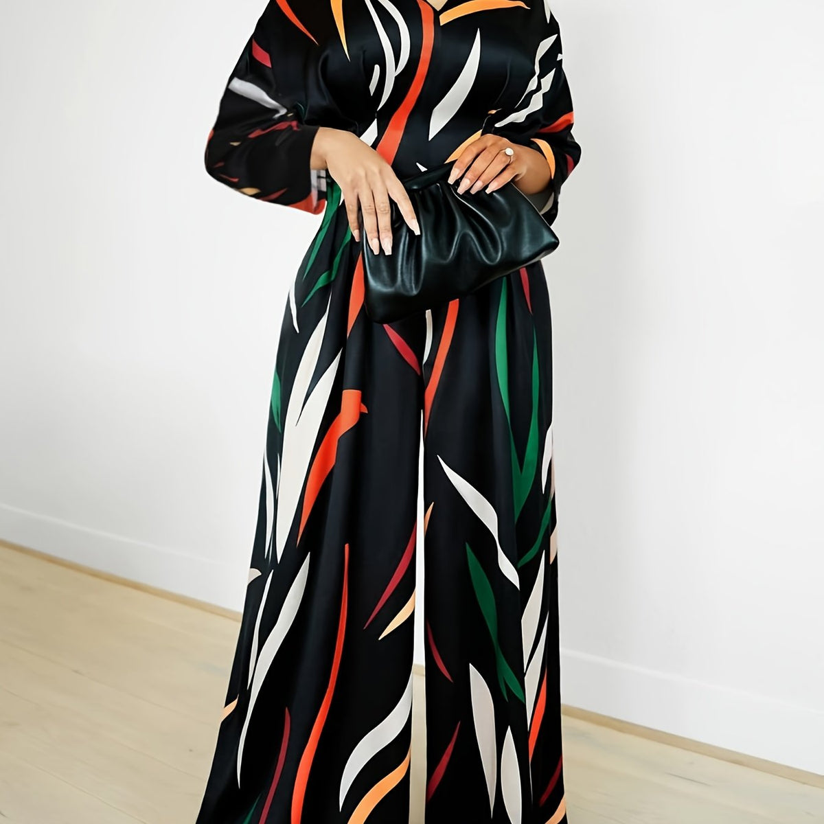  Colorful Stripe Print Long Sleeve Wide Leg Jumpsuit