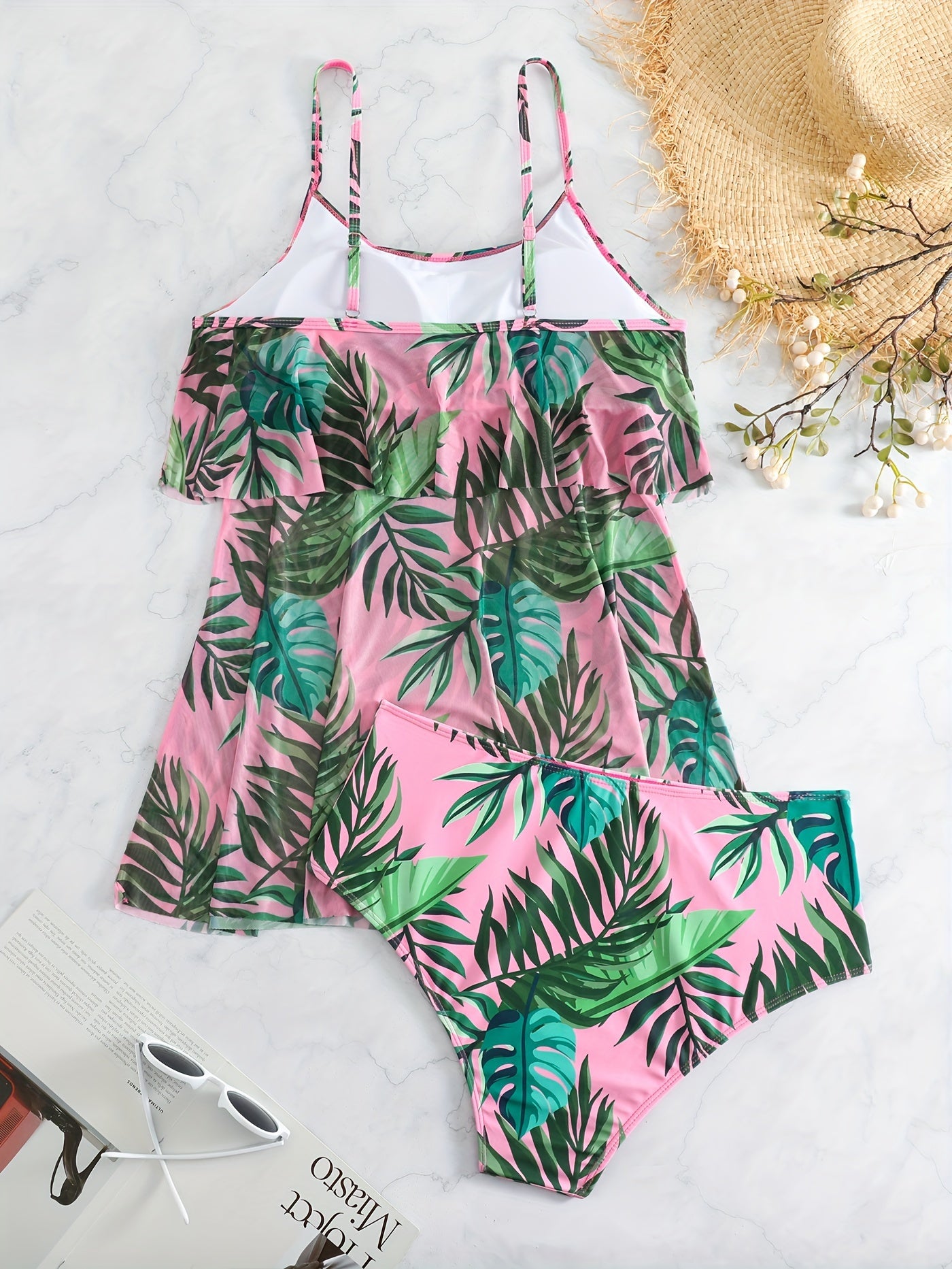  Boho Tankini Set Tropical Print Ruffle Trim Cami Top & Panty Swimsuit