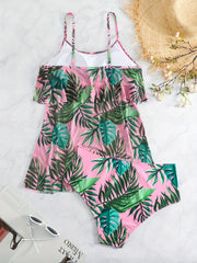  Boho Tankini Set Tropical Print Ruffle Trim Cami Top & Panty Swimsuit