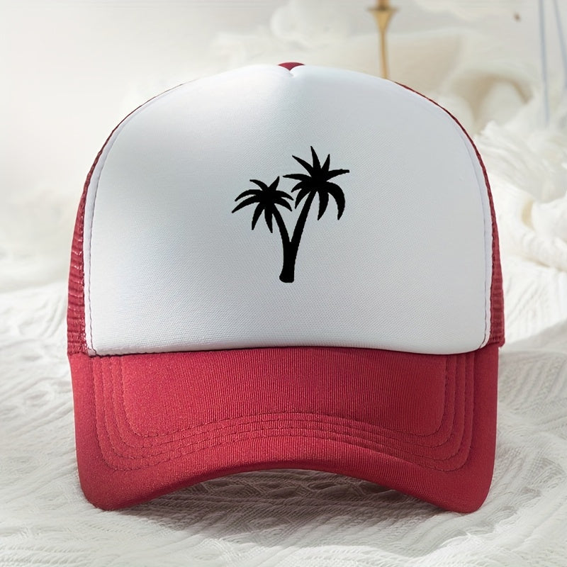 Coconut Tree Print Trucker Hat Mesh Block Baseball Cap Lightweight