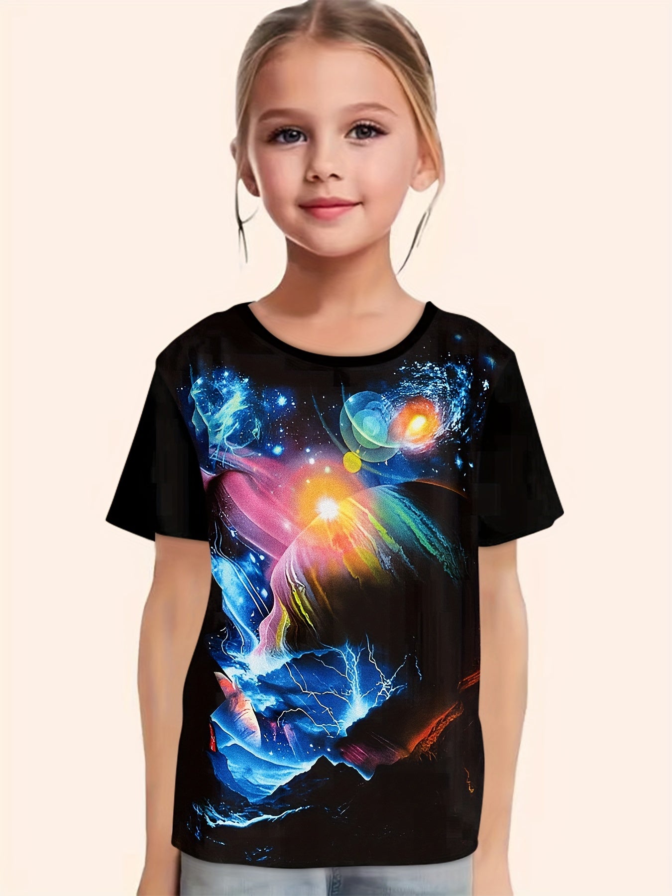 Dreamy Starry Outer Space Graphic Crew Neck Short Sleeve T shirt For Girls Summe