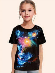 Dreamy Starry Outer Space Graphic Crew Neck Short Sleeve T shirt For Girls Summe