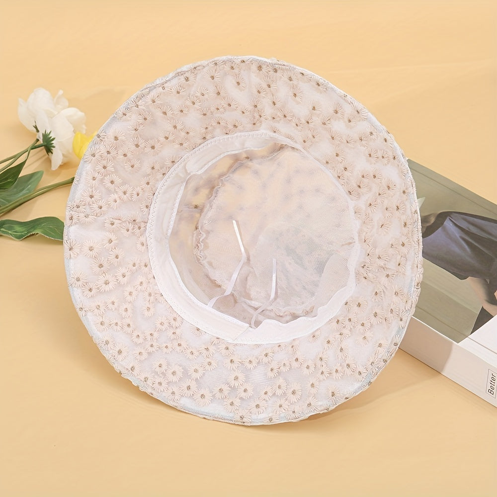Flower Embroidery Bucket Hat Mesh Breathable Lightweight Sun Hats