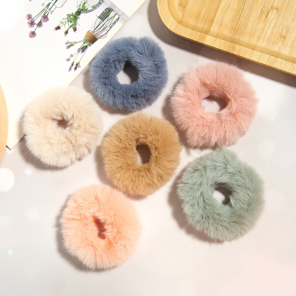 6pcs Furry Elastic Rabbit Hair Scrunchies Pompom Ponytail Holder Hair Bands Ties