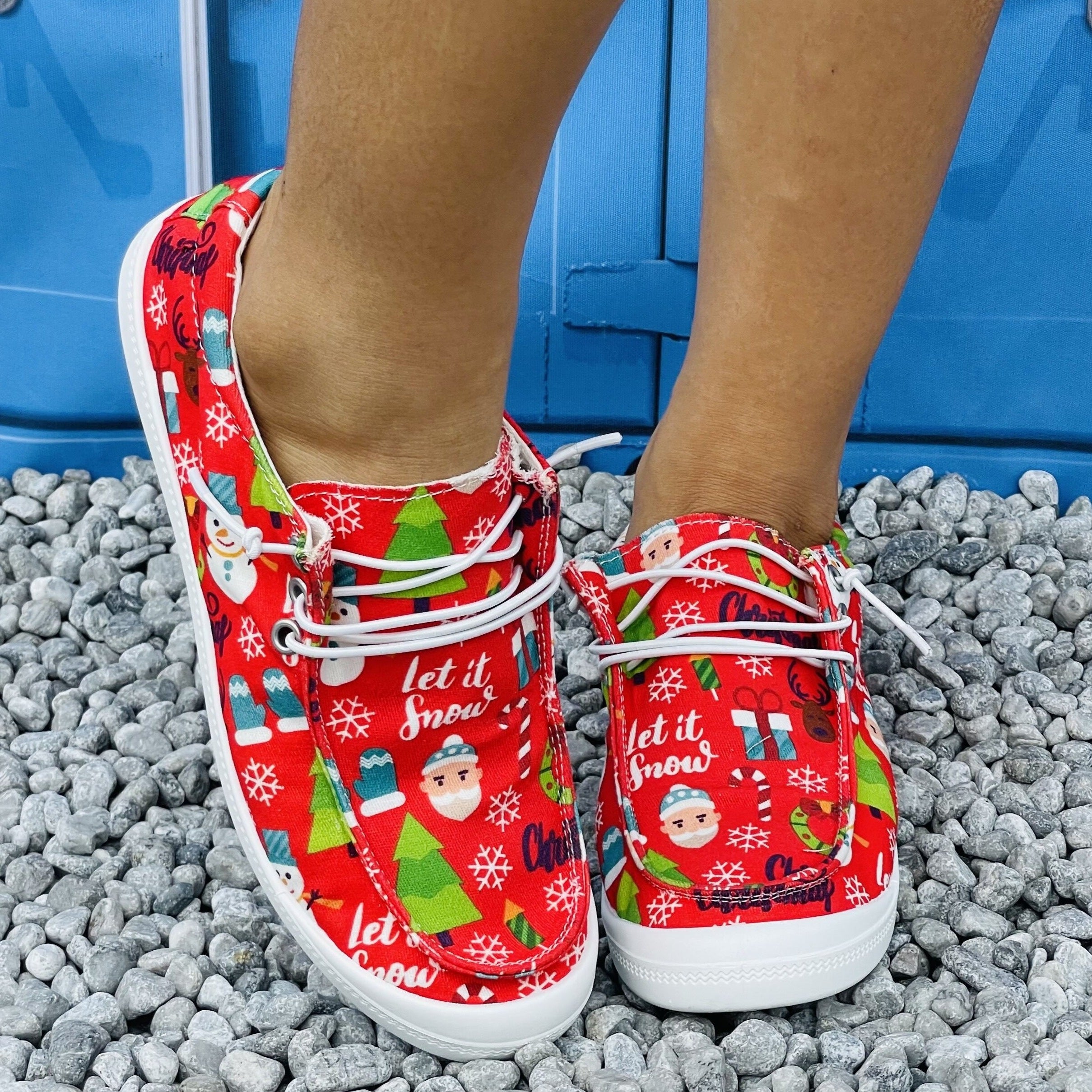 Women's Christmas Cartoon Pattern Sneakers Anti Slip Lace Up Shoes