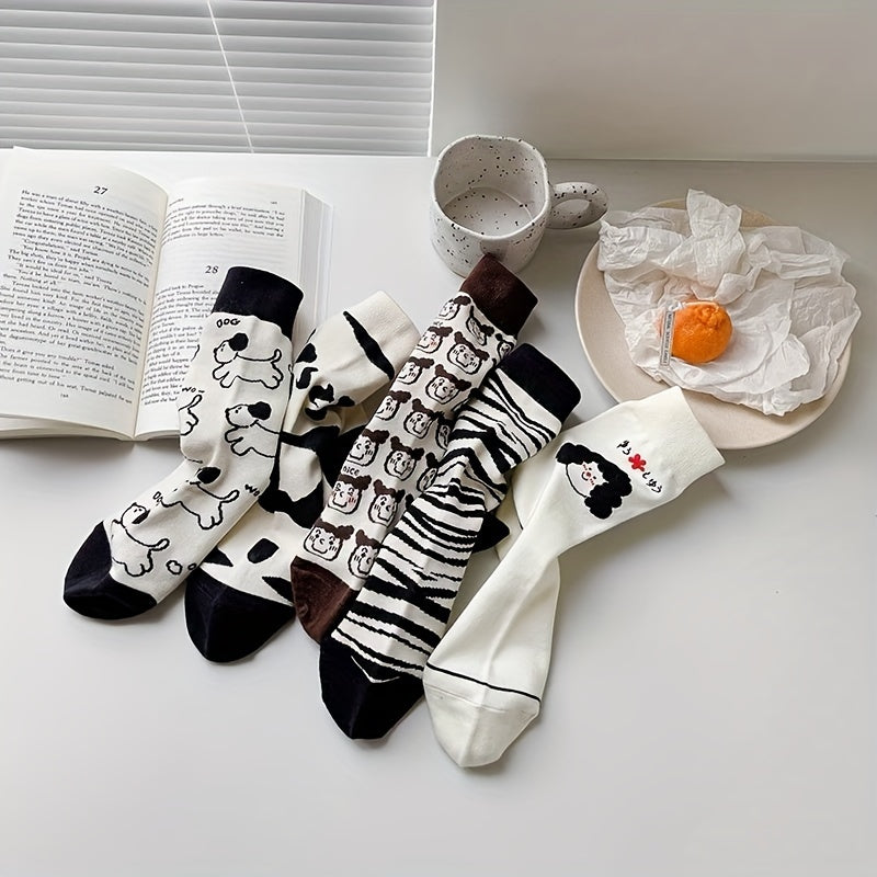 5 Pairs Cartoon Print Socks Comfy & Mid Tube Socks Women's Stockings