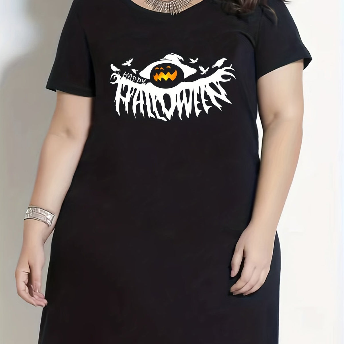  Halloween Nightdress Women's Witch Hat Pumpkin Print Tee Dress