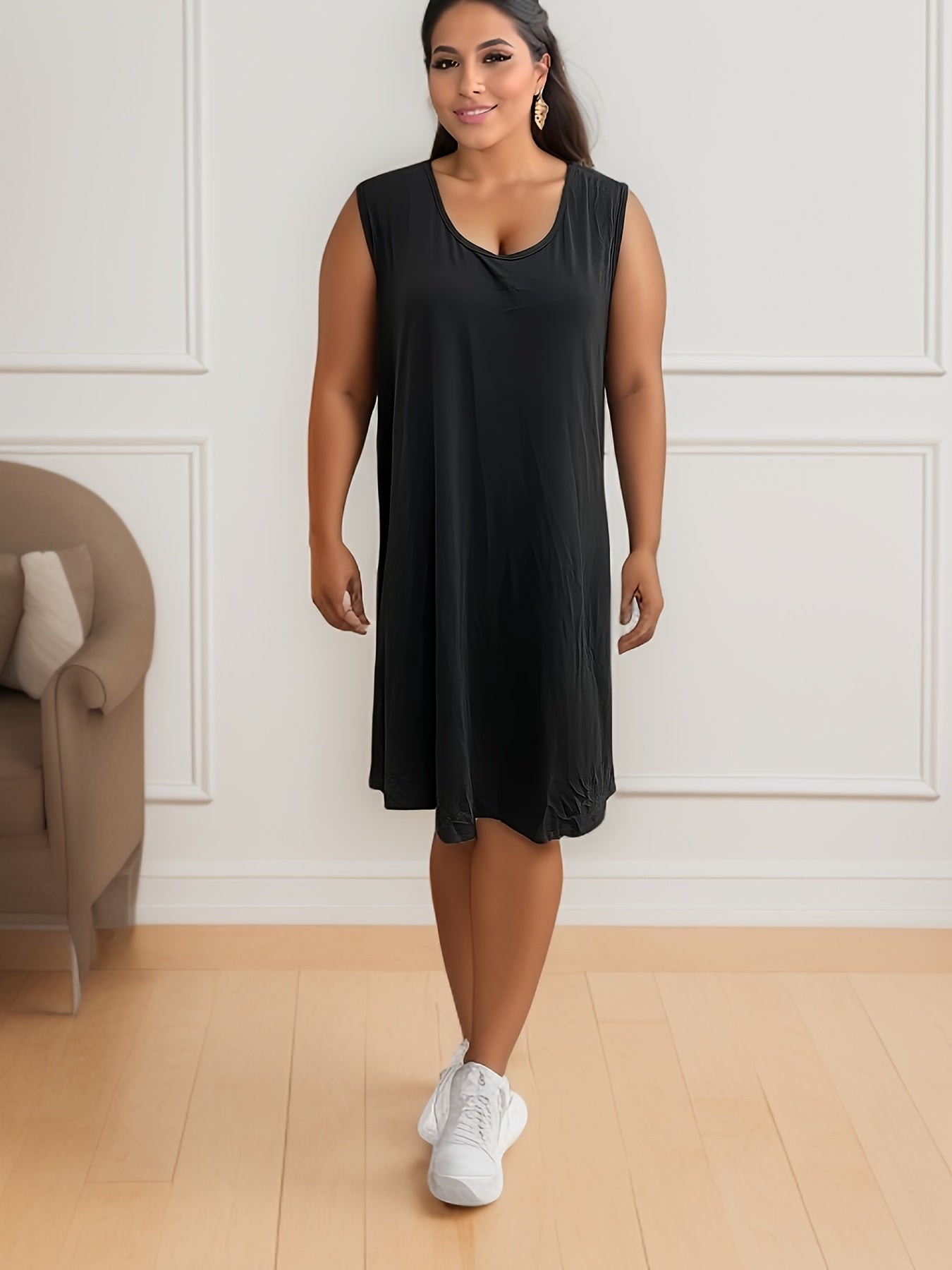  Casual Tank Dress Women's Plus Solid Round Neck Slight Stretch