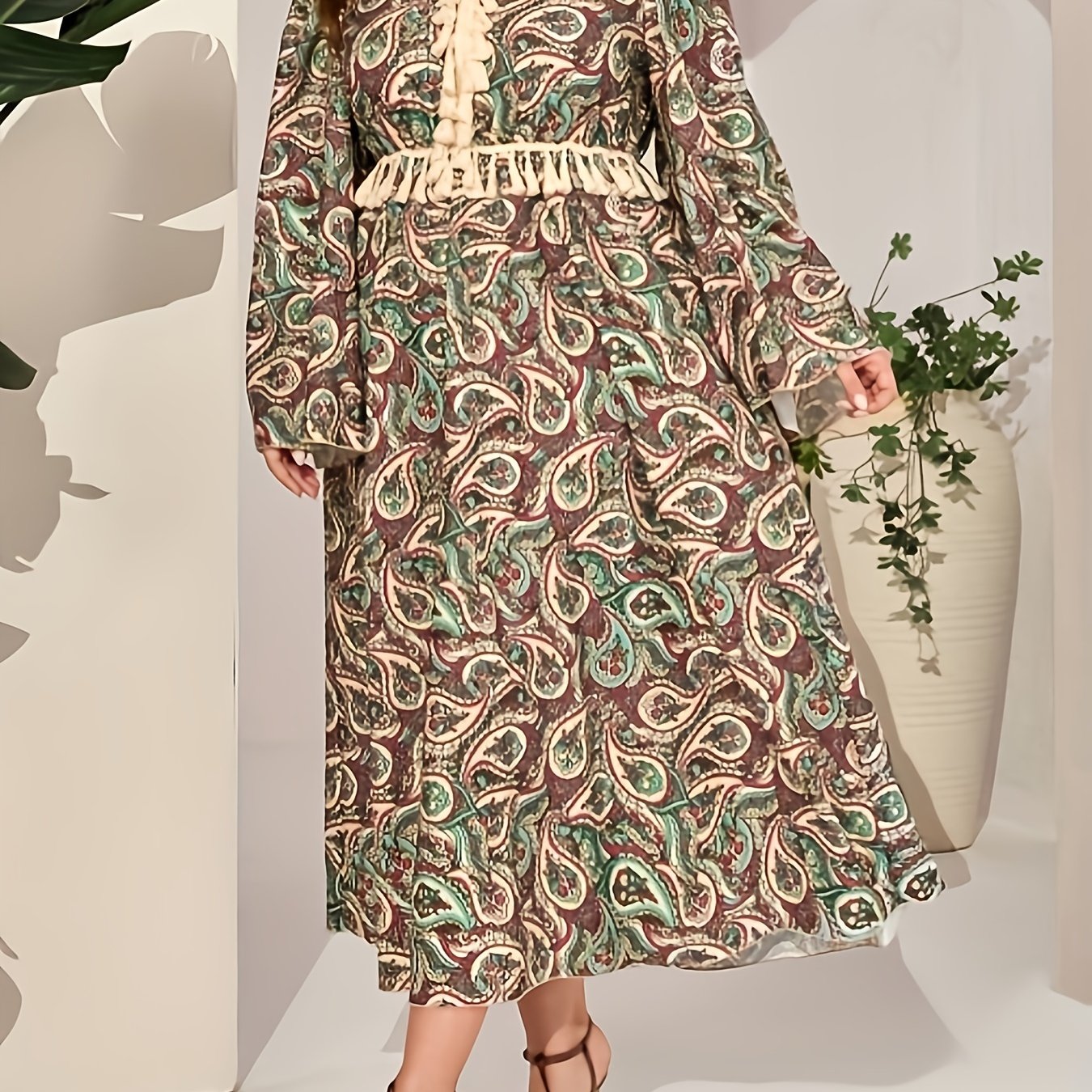  Abaya Dress Women's Plus Paisley Floral Print Tassel Bell Sleeve V Nec