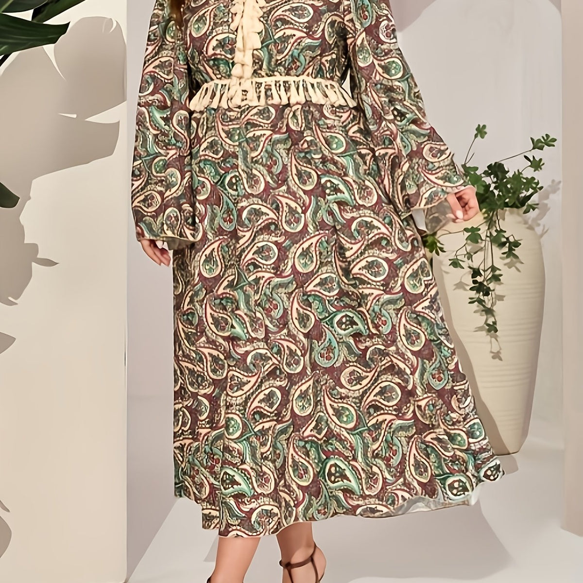  Abaya Dress Women's Plus Paisley Floral Print Tassel Bell Sleeve V Nec