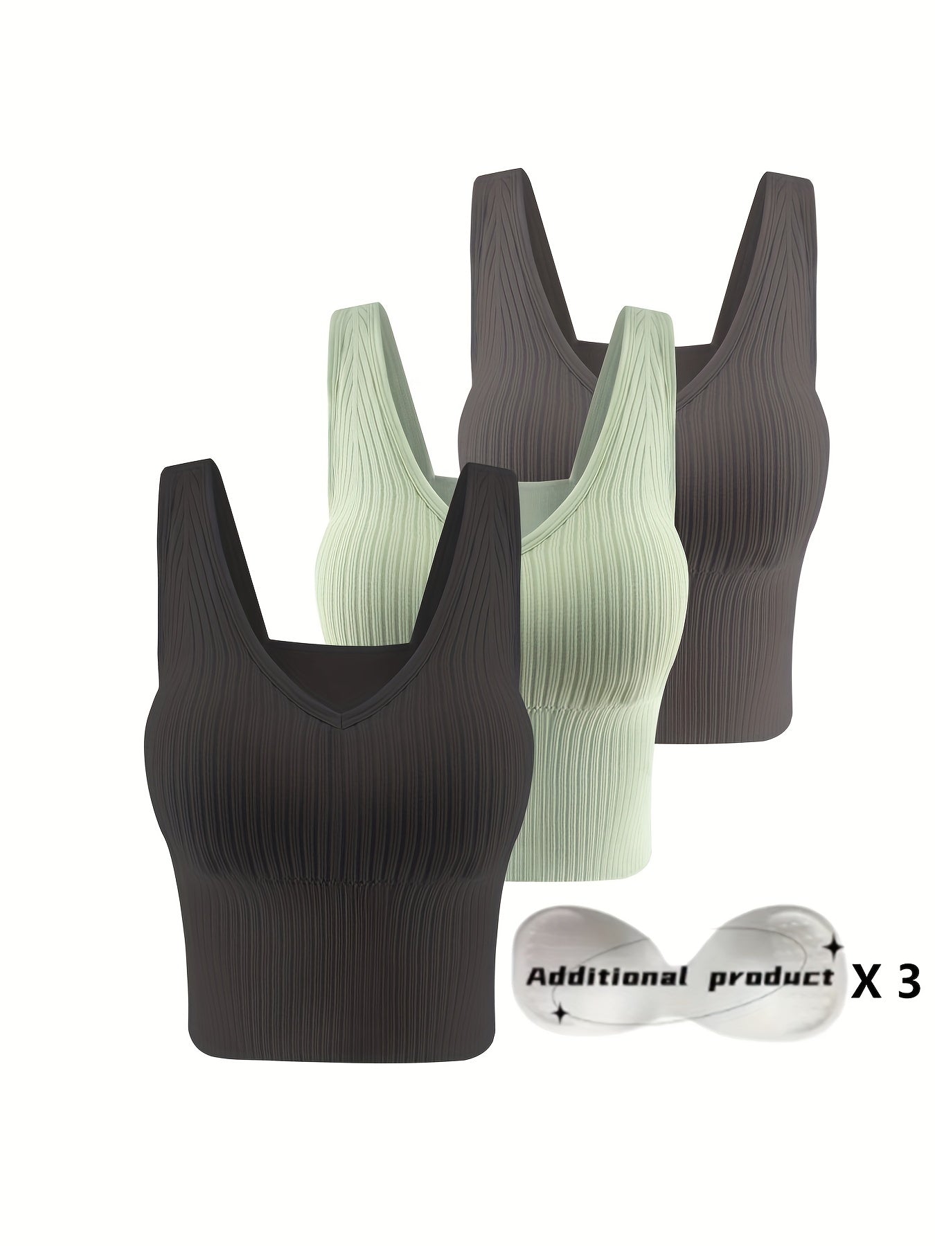 3pcs Ribbed Tank Top Bra Detachable Chest Pads Women's Lingerie