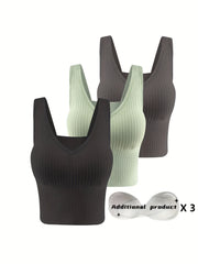 3pcs Ribbed Tank Top Bra Detachable Chest Pads Women's Lingerie