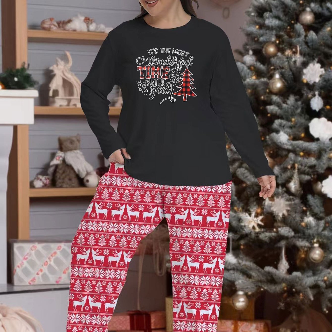  Christmas Pajama Set Plaid Tree & Letter Print Tee & Elk Striped Pants