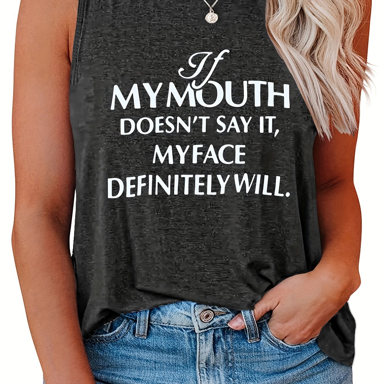  Women's Slogan Print Tank Top Round Neck Stretchy Casual Tee