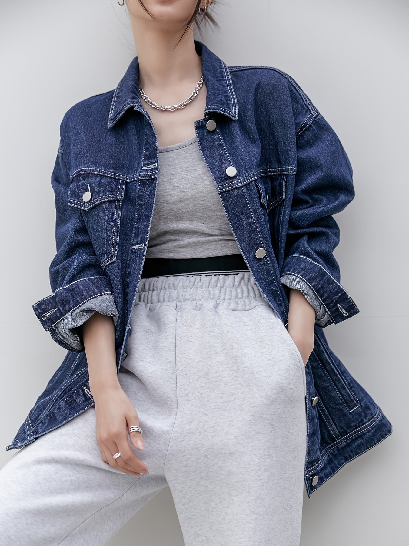 Women's Long Sleeves Denim Jacket Single Breasted Button Flap Pockets Lapel Coat