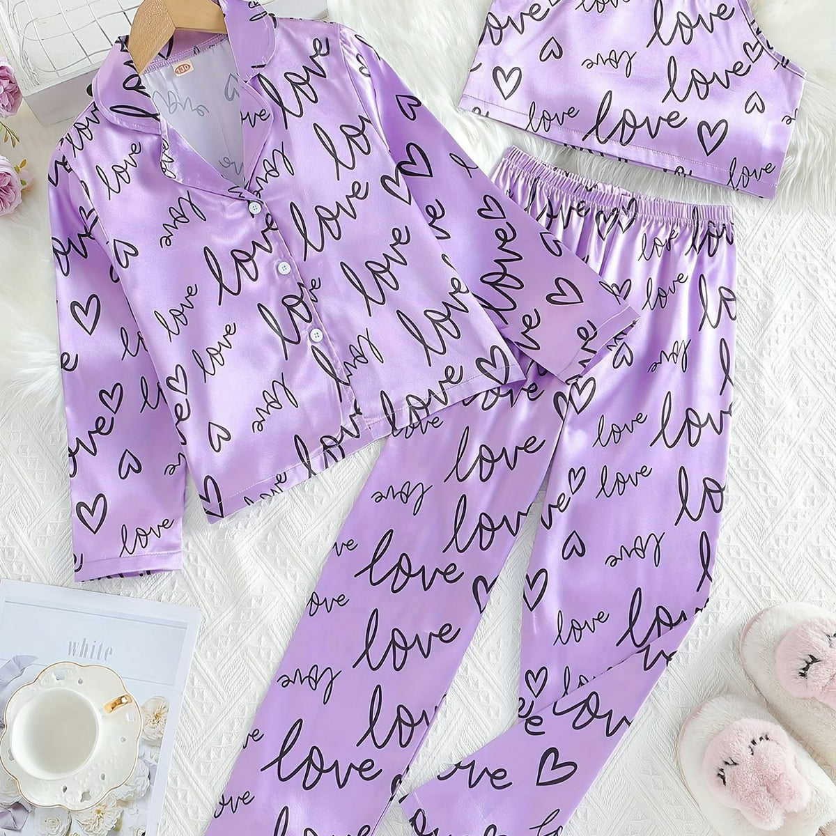 Girl's 3pcs Heart Print Pajama Set Long Sleeve Top Camisole Pants