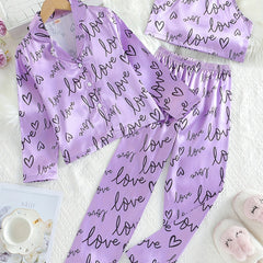 Girl's 3pcs Heart Print Pajama Set Long Sleeve Top Camisole Pants