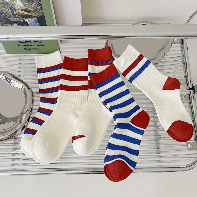5 Pairs Colorblock Striped Socks Mid Tube Stockings