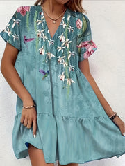  Floral Print V-Neck Ruffle Trim Dress