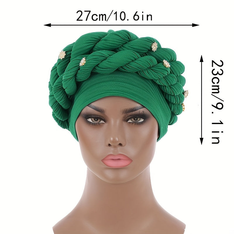 Green Twisted Braided Turban Cap Head Wrap Elastic Hijab Women Chemo Hats