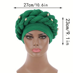 Green Twisted Braided Turban Cap Head Wrap Elastic Hijab Women Chemo Hats