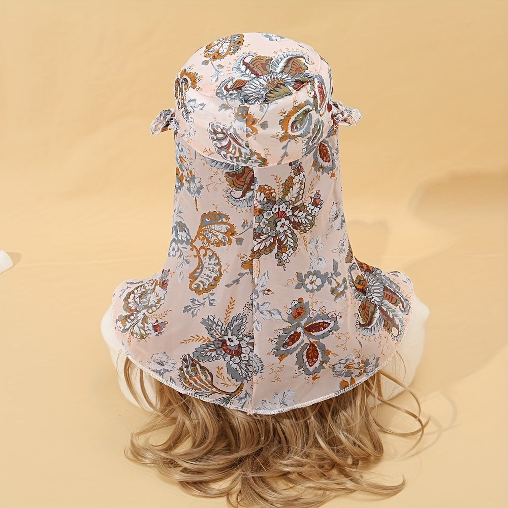 Wide Brim Floral Print Hat with Chiffon Scarf UV Protection Working Cap