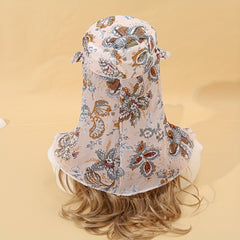 Wide Brim Floral Print Hat with Chiffon Scarf UV Protection Working Cap
