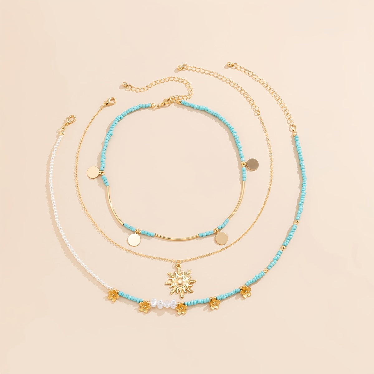 Boho Sun Flower Beaded 3pcs Necklace Set Vintage Fine Jewelry