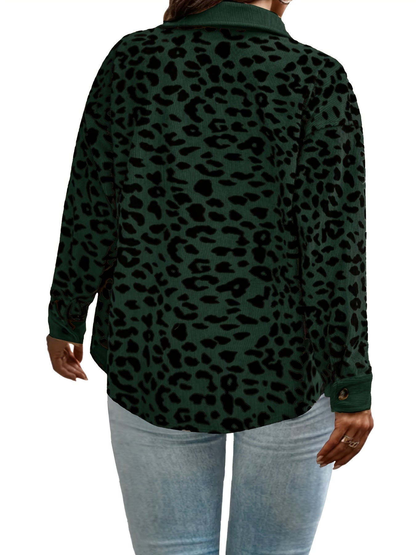  Leopard Print Corduroy Button Up Long Sleeve Shacket