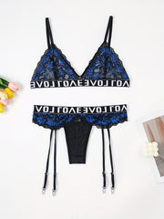 Floral Lace Triangle Bra & Suspender Panty Lingerie Set