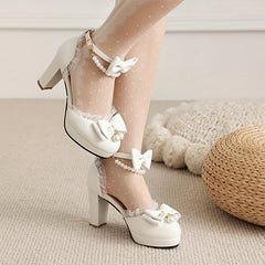 Women's Platform High Heels Bowknot Lace Faux Pearl Ankle Strap Chunky Heels