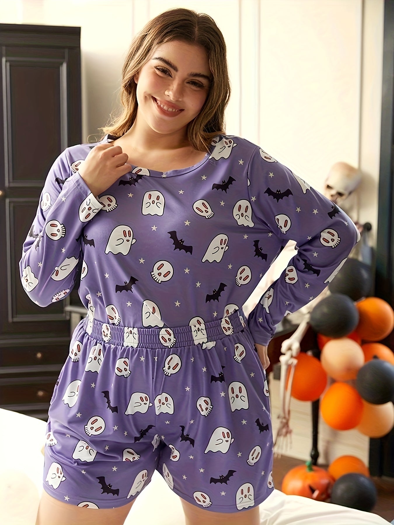  Ghost & Bat Print T-shirt & Shorts Set