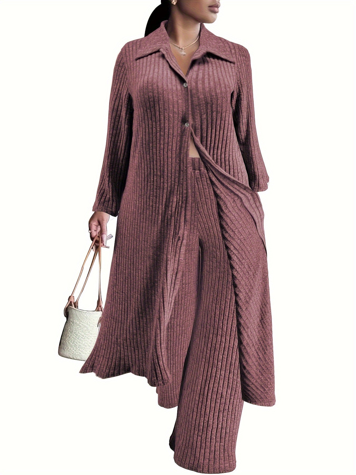  Ribbed Button Up Long Sleeve Polo Neck Blouse & Pants Set