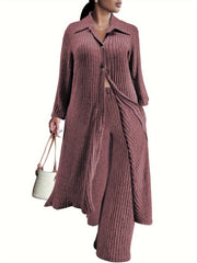 Ribbed Button Up Long Sleeve Polo Neck Blouse & Pants Set