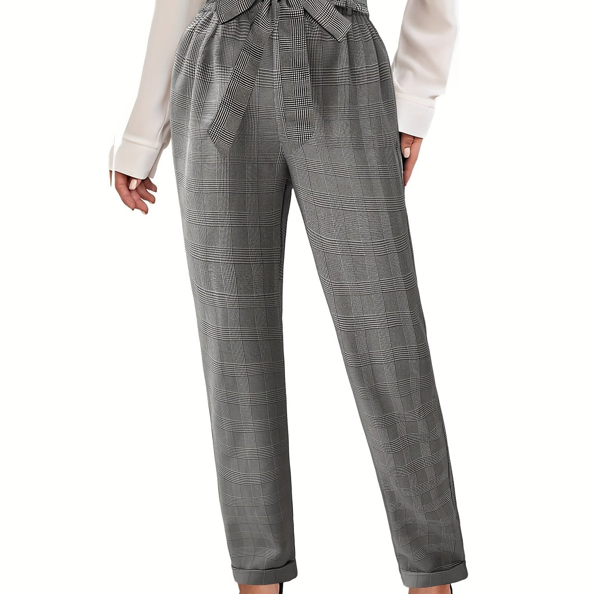 Plaid Print Belted Tapered Pants Paper Bag Waist