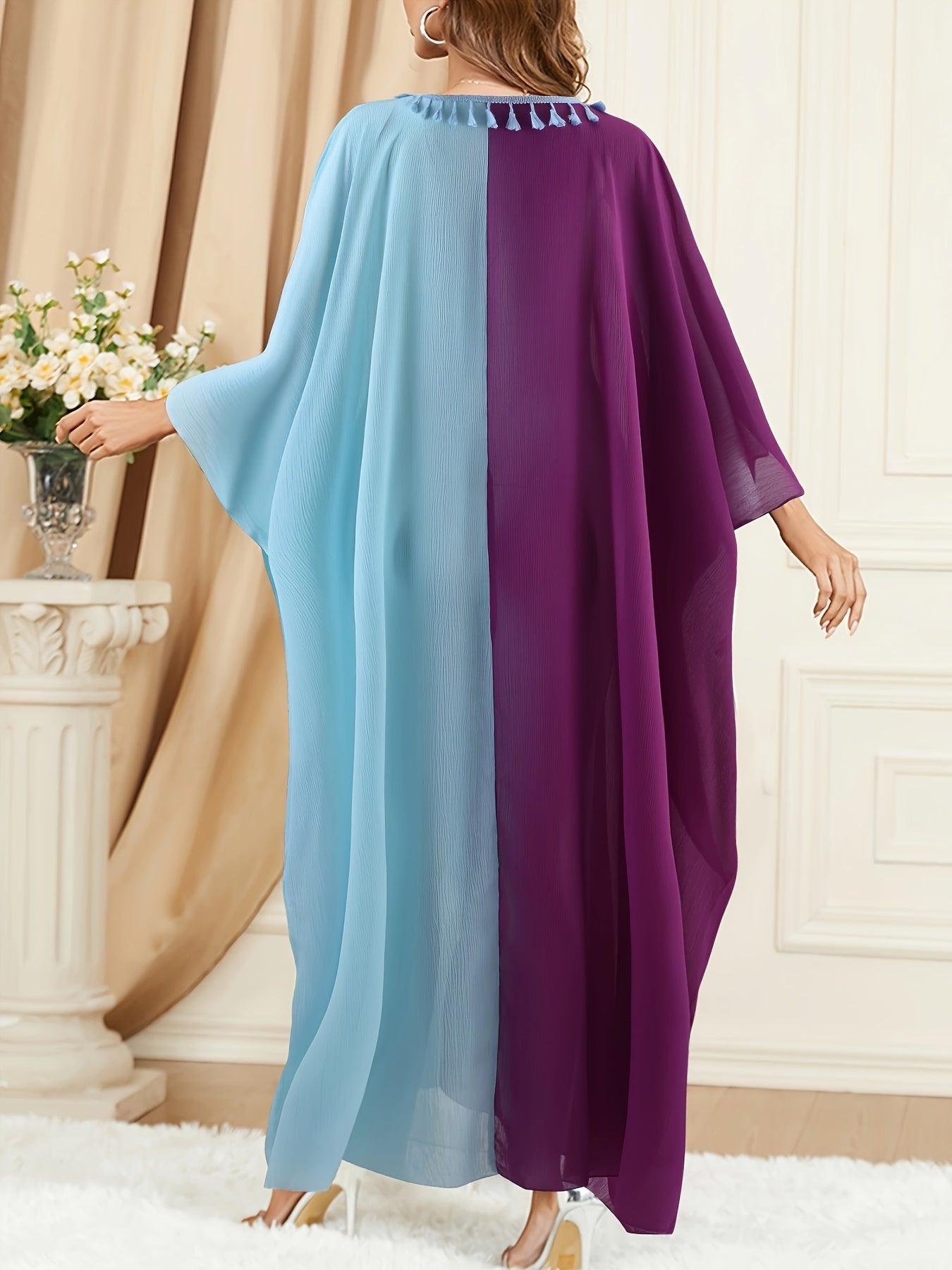  Casual Kaftan Dress Women's Plus Colorblock Tassel Trim Maxi Jalabiya