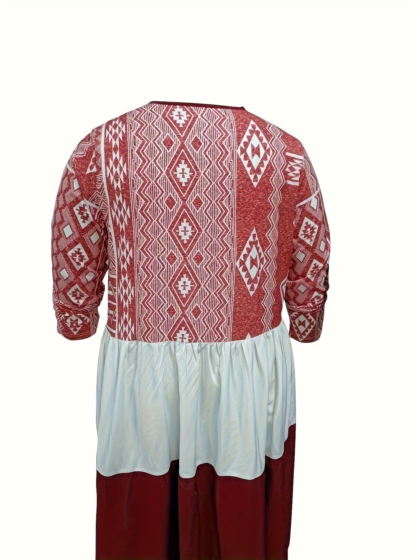  Boho Dress Colorblock Geometric Print Long Sleeve Smock Dress