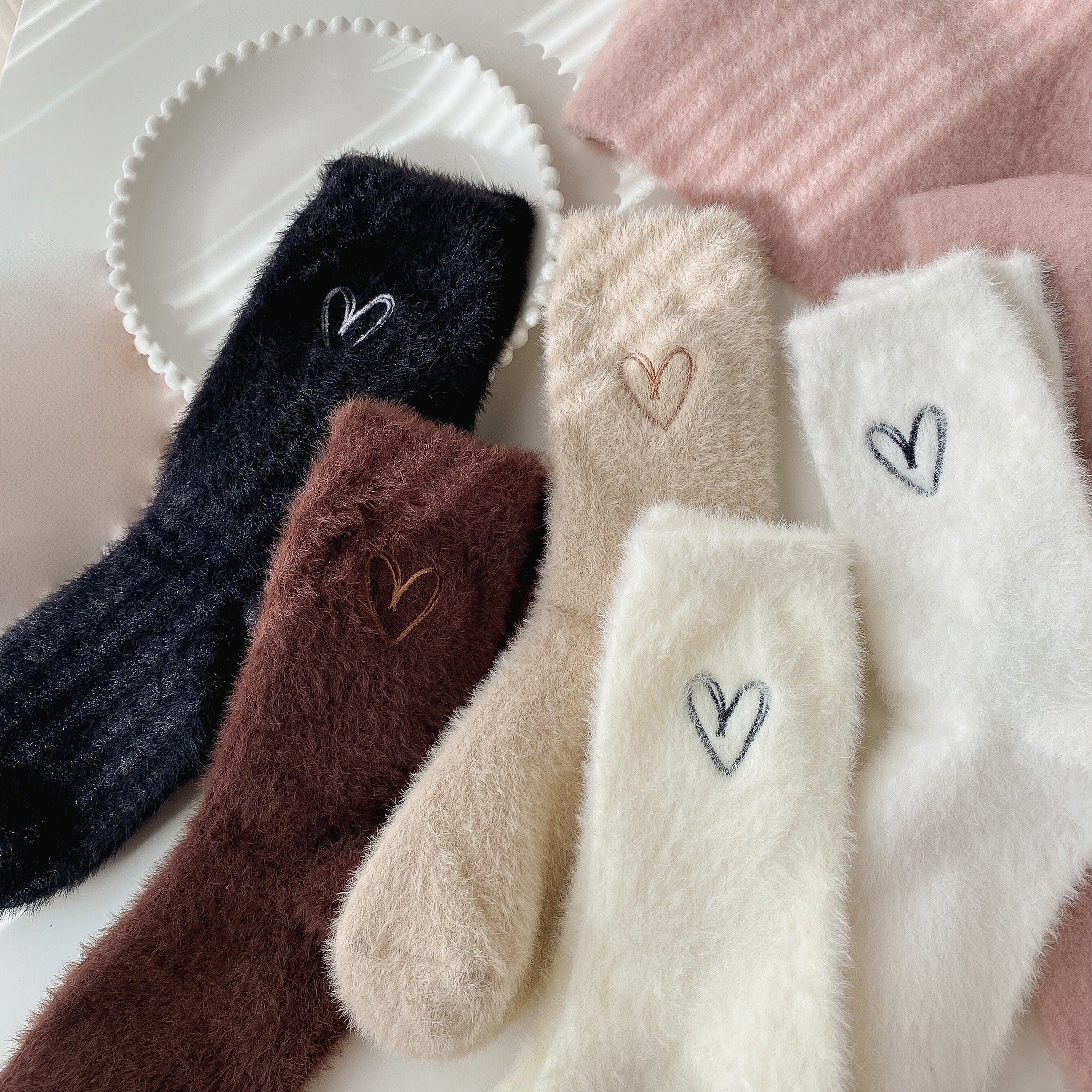 5 Pairs Heart Embroidery Socks Warm & Comfy Fuzzy Stockings