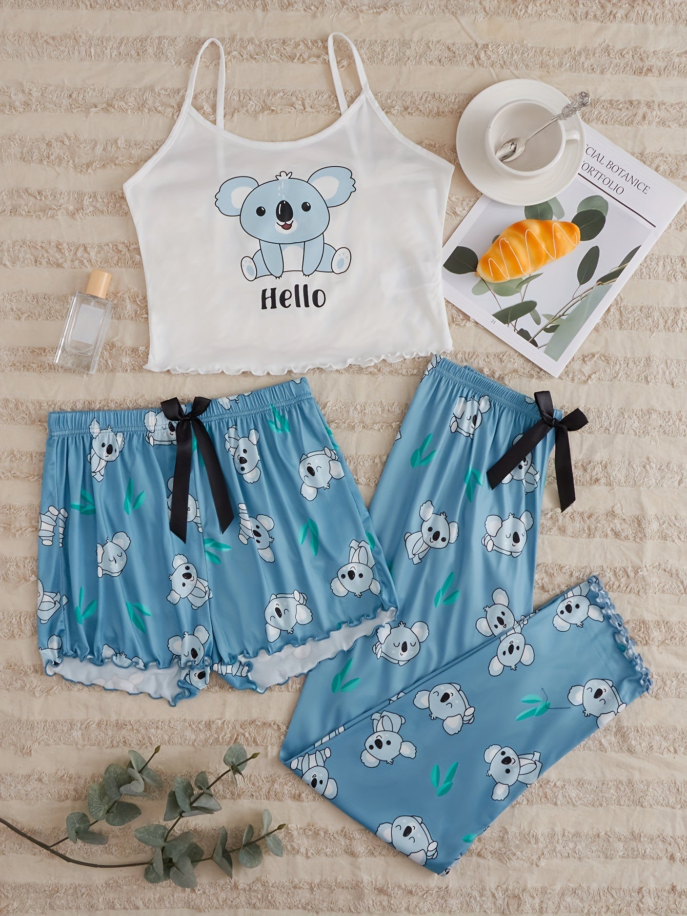 Koala Print Pajama Set Crew Neck Cami Top & Shorts & Pants