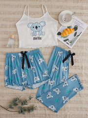 Koala Print Pajama Set Crew Neck Cami Top & Shorts & Pants