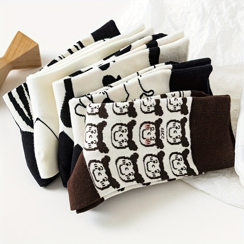 5 Pairs Cartoon Print Comfy Mid Tube Socks Women's Stockings