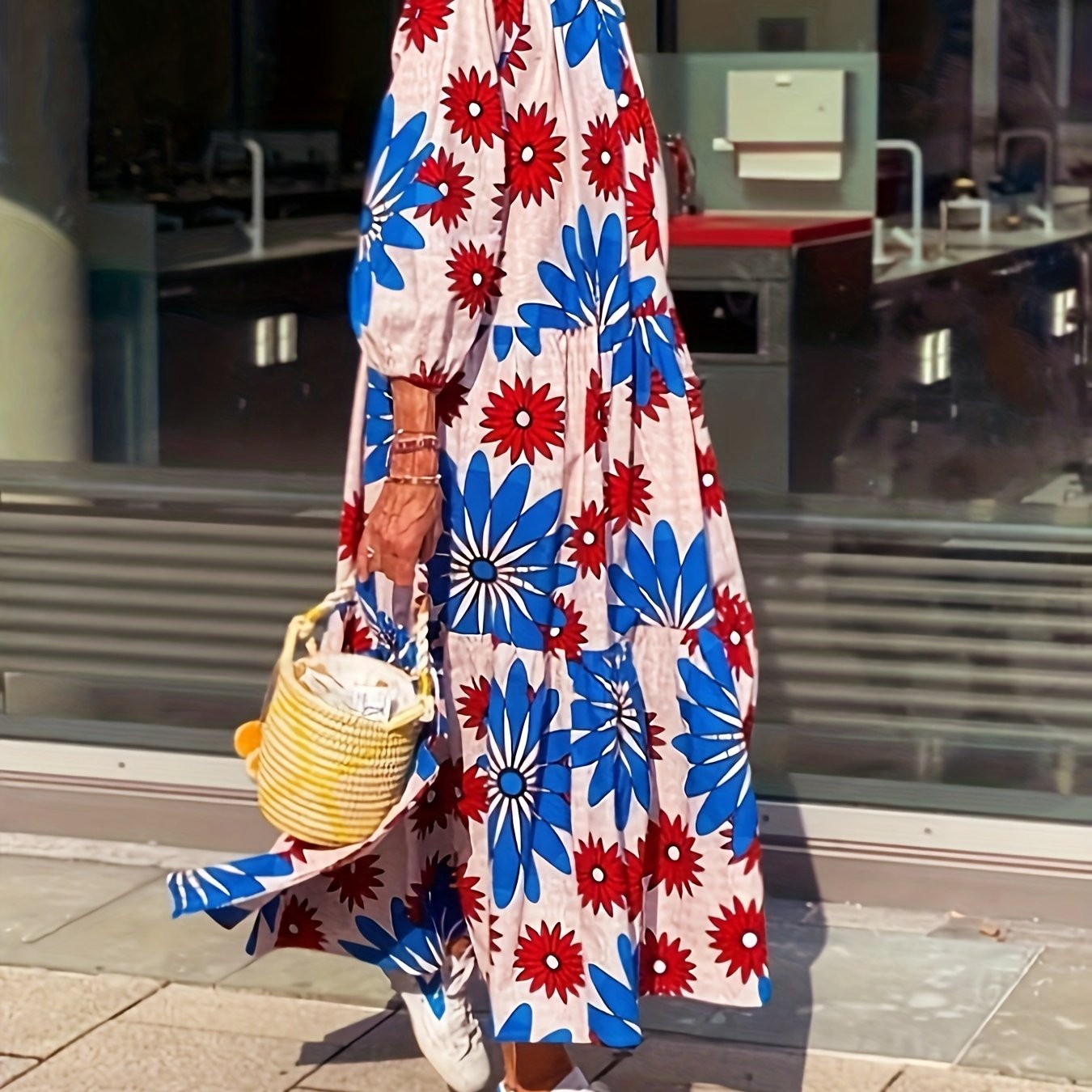  Boho Floral Lantern Sleeve Maxi Dress