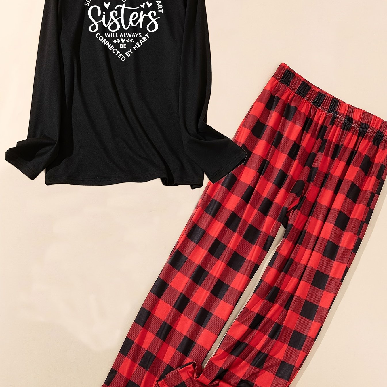  Lounge Set Women's Plus Letter & Heart Print Tee & Plaid Pants Pajamas