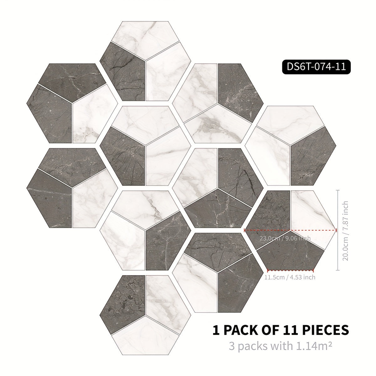 11pcs Gray brown Marble Pattern Hexagonal Floor Stickers Waterproof Anti-slip