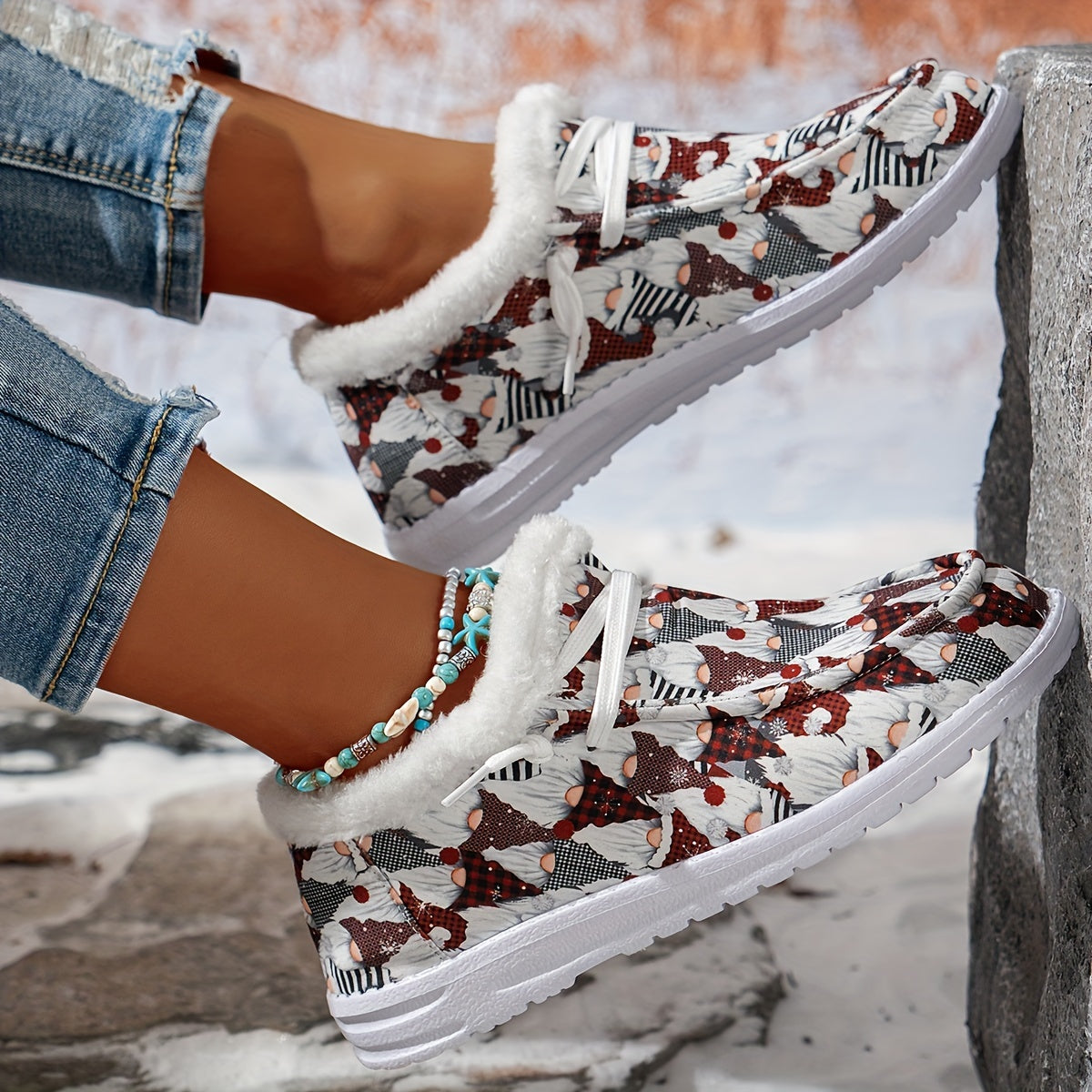 Christmas Print Snow Boots Women's Winter Lace-Up Flats Sneakers