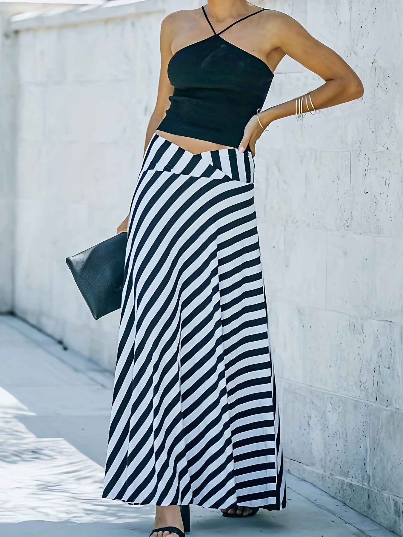  Stripe Print V Waist Maxi Skirt